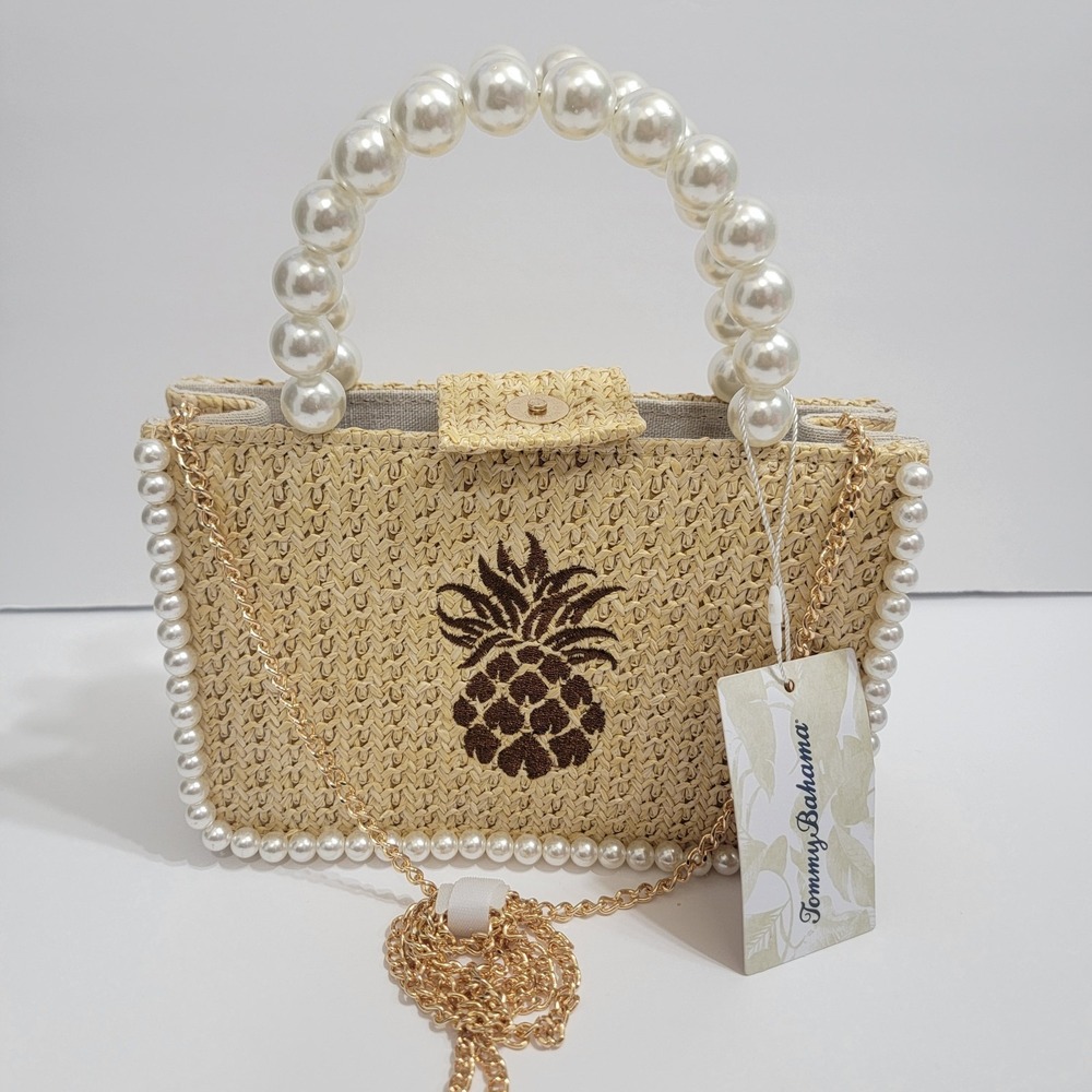 Tommy Bahama Pineapple Woven Mini Tote Faux Pearl Handle Crossbody Bag Coastal - Picture 3 of 10